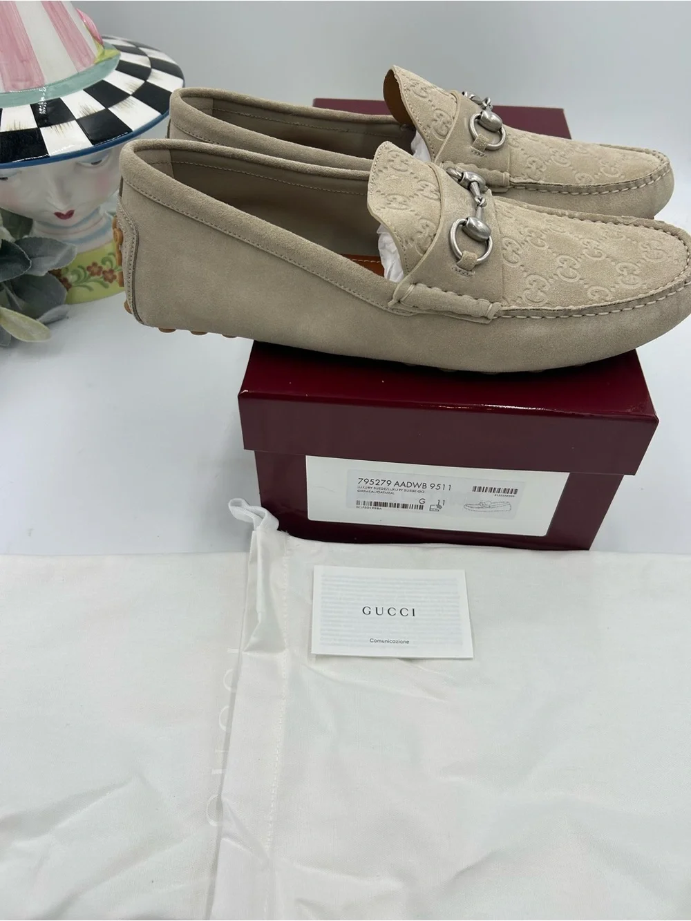 Men's Gucci GG embossed oatmeal suede driver loafers size 11 fits 12 US